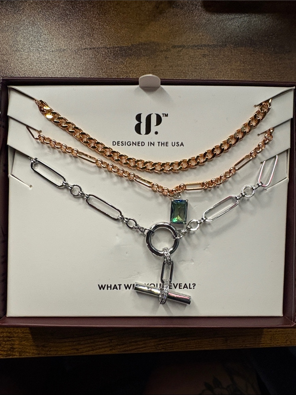 UP Designed in the USA Mixed Metal Layered Necklace Set with Green Stone